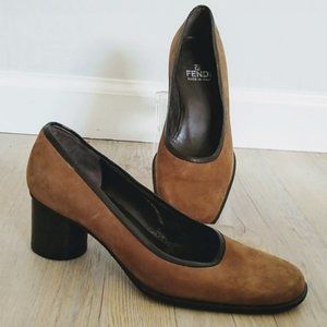 Fendi Vintage Round Block Heels Shoes Brown 5.5